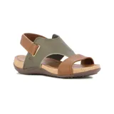 Sandalia casual de mujer con dos tiras y pulsera al tobillo con cierre ajustable. Presenta capellada de cuero negro, plantilla acolchada y suela tipo corcho con base marrón antideslizante.