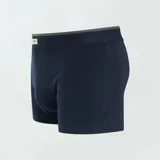 Pack de tres bóxers de algodón elástico para hombre. Incluye un bóxer azul marino liso, uno gris con lunares blancos y uno gris a rayas horizontales azules.