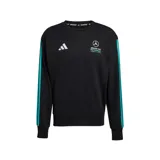 Buzo deportivo Adidas de cuello redondo, color negro, con bandas celestes en las mangas y logotipos de Adidas y Mercedes AMG-Petronas estampados en el pecho.
