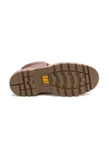 Bota de cuero vacuno con textura granulada, acordonada, con suela de goma dentada y cuello acolchado.