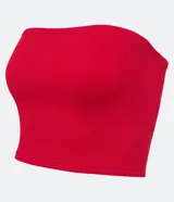 Top corto (cropped) sin breteles, de color rojo, con textura acanalada vertical.