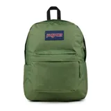 Mochila JanSport Superbreak color verde oliva con logo rectangular de la marca en azul y rojo.