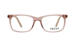 Armazón de anteojos Focus Premium modelo 4182, con marco de acetato translúcido en tono rosado y patillas en color beige.