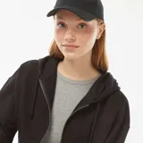 Buzo negro cropped con capucha, cierre frontal y bolsillo tipo canguro.