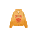 Hoodie con cierre completo Eme Studios, color amarillo mango con efecto degradado. Presenta un diseño gráfico estampado en rojo en el frente con la inscripción "Emestudios Always Grateful Madrid" y detalles de leones y estrellas. Incluye capucha, bolsillos tipo canguro y puños y dobladillo de tejido elástico.