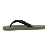 Chinelas de goma azul marino con estampado de palmeras en gris y detalles en amarillo flúor.