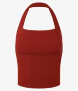Blusa cropped de bengalina roja, con diseño de frente única, escote cuadrado y corte ajustado.
