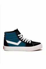 Championes de media caña Pony modelo 1189 Garden, de color negro con paneles en azul verdoso y detalles en blanco, incluyendo cordones blancos y suela de goma blanca.