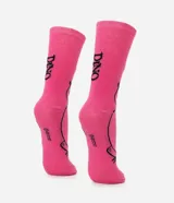 Medias de caña larga color rosado, con estampado del personaje Dino de Los Picapiedras en el lateral.