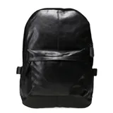 Mochila N+ modelo Girona, color negro, confeccionada en cuero sintético. Presenta un diseño minimalista con un compartimento principal amplio con cierre, un bolsillo frontal con cierre y correas laterales ajustables.