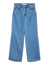 Jean wide fit de tiro alto color azul denim con rayas verticales blancas, cierre de botón y cremallera. Confeccionado en tejido de sarga de algodón.