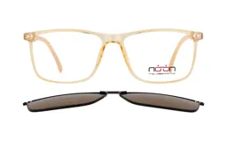 Anteojos de receta con armazón de acetato en tono amarillo traslúcido, de forma rectangular. Incluye un clip-on magnético polarizado en color negro para convertir los anteojos en lentes de sol.