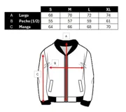 Campera bomber azul de nylon con cuello alto, cierre frontal, puños y cintura acanalados con rayas blancas y grises.