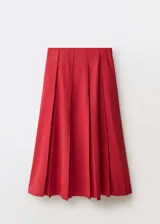 Falda midi de tiro medio con diseño evasé y tablas anchas. Cuenta con forro interior y cierre oculto.