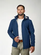 Campera azul marino de neopreno con capucha desmontable, bolsillo interno, puño ajustable y lateral elastizado.