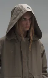 Campera técnica liviana color beige, confeccionada en microfibra de alta densidad con acabado mate. Presenta mangas desmontables que permiten convertirla en chaleco, cuello tipo camisa, cierre frontal oculto bajo cartera y logo bordado en el pecho. Incluye cuatro bolsillos frontales de gran tamaño con solapa y puños con elástico.