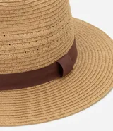 Sombrero de paja color beige con cinta marrón.
