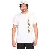 Remera blanca de manga corta con estampa vertical de la palabra 'Stone' y el logo de Volcom.