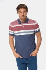 Remera polo de manga corta con diseño de rayas horizontales en tonos azul, bordó y blanco. Presenta cuello clásico, cierre frontal con botones y logo bordado en el pecho.