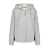 Chaqueta con capucha y cierre frontal, confeccionada en tejido de felpa cepillada color gris melange. Presenta cordones ajustables en la capucha y logo de la marca estampado en el pecho.