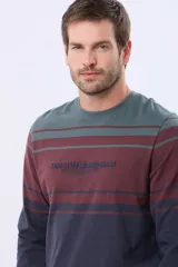 Remera de manga larga con diseño de rayas horizontales en tonos verde, bordó y azul marino. Presenta un bordado en relieve con texto en el pecho y cuello redondo.