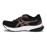 Championes Asics Gel-Nagoya 6 de running para mujer, en color negro con detalles metalizados en tono rosado o cobre, entresuela blanca y suela negra.