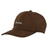 Gorra de visera curva confeccionada en pana color marrón, con el logo de la marca Rhythm bordado en blanco en el frente.