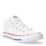 Championes Converse modelo Star Malden Street HI, de corte medio, color blanco con detalles en rojo y azul en la suela. Presentan cierre de cordones, puntera de goma y logo de la marca en la lengüeta.