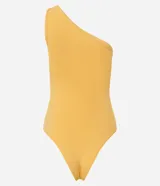 Body de microfibra color tostado, con diseño asimétrico de hombro único y sin mangas.
