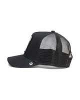 Gorra tipo trucker de color negro con panel frontal estructurado, malla trasera y visera curva. Presenta un parche bordado en el frente con la imagen de un tigre blanco y la palabra Tiger.