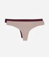 Kit de dos bombachas tipo bikini hilo de microfibra, con diseño liso y ajuste suave. Incluye una prenda en color bordó y otra en color beige, ambas con detalle de logo pequeño en el lateral.