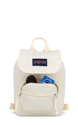 Mochila mini JanSport Highlands, color rosa pálido, con asa superior, bolsillo frontal con cierre y logo de la marca en el frente.