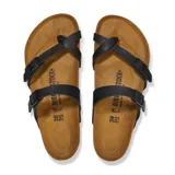 Sandalia Birkenstock modelo Mayari, color negro, con diseño de tiras cruzadas en el empeine y ajuste de hebilla. Cuenta con plantilla anatómica de corcho y suela de goma antideslizante.