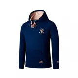 Canguro con capucha de los New York Yankees, color azul marino con detalles en color salmón en el interior de la capucha, cordones y logo bordado en el pecho. Cuenta con bolsillo frontal tipo canguro y etiqueta decorativa en la parte inferior.