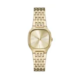 Reloj analógico Skagen de la colección Mellem Lille con caja cuadrada de 28 mm y malla de acero inoxidable en tono dorado. Presenta esfera minimalista con movimiento de tres agujas y resistencia al agua de 3 ATM.
