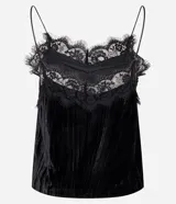 Blusa de terciopelo negro con breteles finos y escote decorado con encaje delicado. Presenta un corte fluido y elegante.