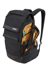 Mochila urbana Thule Paramount 27L color negro, con compartimentos acolchados para laptop y tablet, solapa magnética ajustable, múltiples bolsillos de acceso rápido y panel trasero ventilado.
