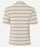 Blusa de ribana marca Marfinno, color beige con rayas horizontales finas de color marrón, cuello alto y mangas cortas.