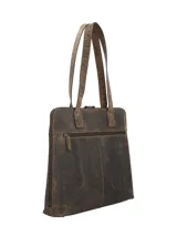 Cartera tipo tote bag marca RKF, confeccionada en cuero 100% natural color marrón con diseño grabado de hojas y ramas en relieve. Cuenta con doble asa de hombro del mismo material, cierre superior y un discreto logotipo grabado en la parte frontal.