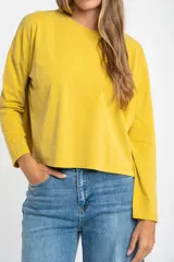 Remera oversize de manga larga color marrón, con cuello redondo y efecto de lavado. Presenta un pequeño bordado en forma de estrella en la parte inferior.