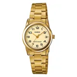 Reloj analógico Casio con caja y malla de acero inoxidable en tono dorado. Presenta una esfera redonda de color dorado con números arábigos negros y manecillas a tono.
