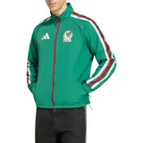 Campera deportiva Adidas de la selección de México, modelo Anthem. Diseño en color verde con cierre frontal en rojo, cuello alto y detalles de franjas laterales en blanco y rojo. Incluye logo de la marca y escudo de la selección en el pecho.