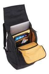 Mochila urbana Thule Paramount 27L color negro, con compartimentos acolchados para laptop y tablet, solapa magnética ajustable, múltiples bolsillos de acceso rápido y panel trasero ventilado.