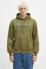 Buzo hoodie verde militar con logo bordado en azul en el pecho y bolsillo tipo canguro.