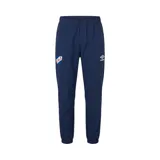 Pantalón deportivo azul marino con cintura elástica y puños ajustados en los tobillos. Presenta el escudo del Club Nacional de Football en la pierna derecha y el logo de Umbro en la izquierda. Cuenta con bolsillos laterales con cierre.
