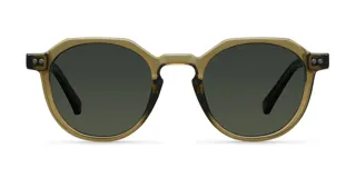 Lentes de sol unisex de forma geométrica, con armazón color mostaza oscuro y lentes polarizadas color negro.