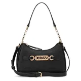 Cartera Guess modelo Celestia de color negro, confeccionada en símil cuero con diseño acolchado y grabado de la marca. Presenta herrajes dorados, detalle de cadena metálica en la correa superior y un detalle decorativo con el nombre de la marca en el frente. Cuenta con cierre superior y correa ajustable y desmontable.