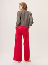 Pantalon de pierna levemente oxford, confeccionado en tejido simil terciopelo con brillo sutil. Presenta bolsillos laterales y cierre frontal.