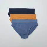 Pack de 3 slips de algodón en color azul marino, ocre y celeste.