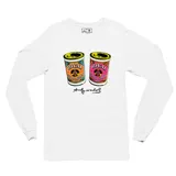 Remera de manga larga color blanco con estampa frontal de dos latas de polvo para hornear Royal en estilo pop art y firma de Andy Warhol.